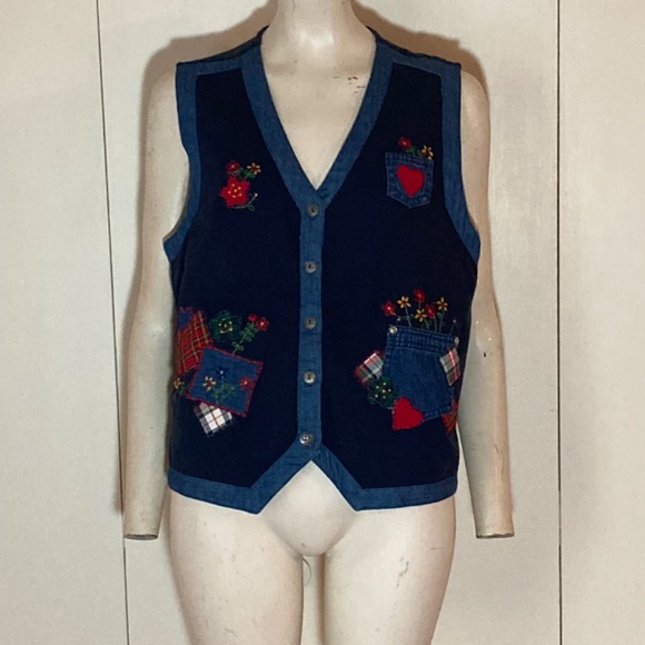 1980 Victoria Jones Navy Blue Vest with Embroidery Flowers and Patches Sz MEDIUM - Picture 1 of 7